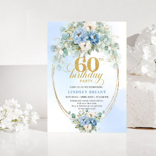Light Blue Floral Gold 60th Birthday Invitation