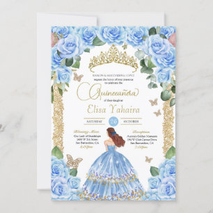 Light Blue Floral Gold Butterfly Quinceañera Invitation