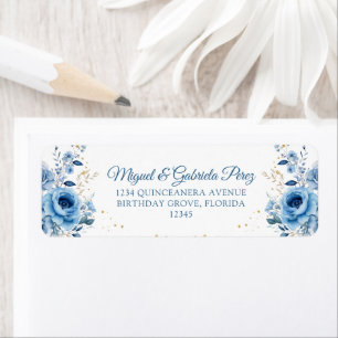 Light Blue Floral Gold Glitter Return Address