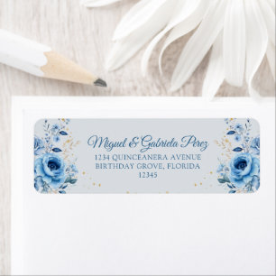 Light Blue Floral Gold Glitter Return Address