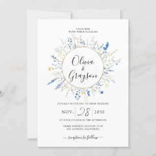 Light Blue Floral Gold QR RSVP All In 1 Wedding Invitation