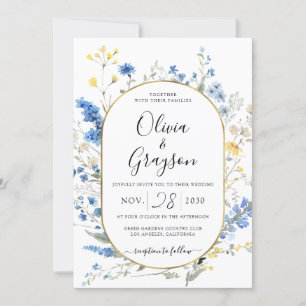 Light Blue Floral Gold QR RSVP All In 1 Wedding Invitation