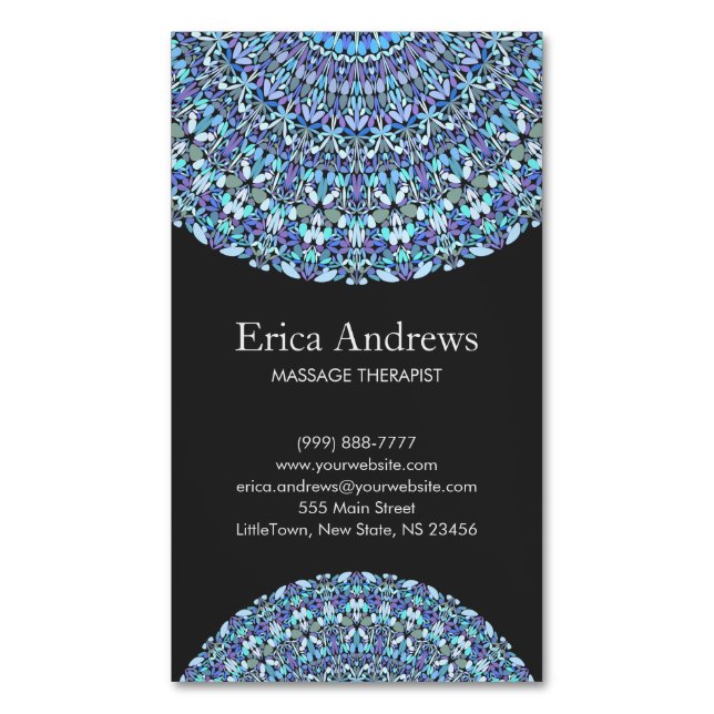 Light Blue Floral Mandala Magnetic Business Card (Front Vertical)