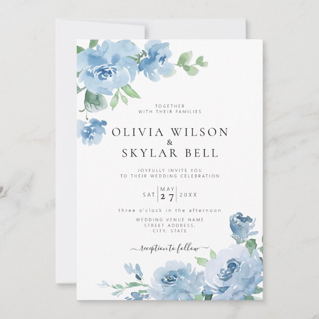 Light Blue Floral Pastel Botanical Wedding Invitation (Front)