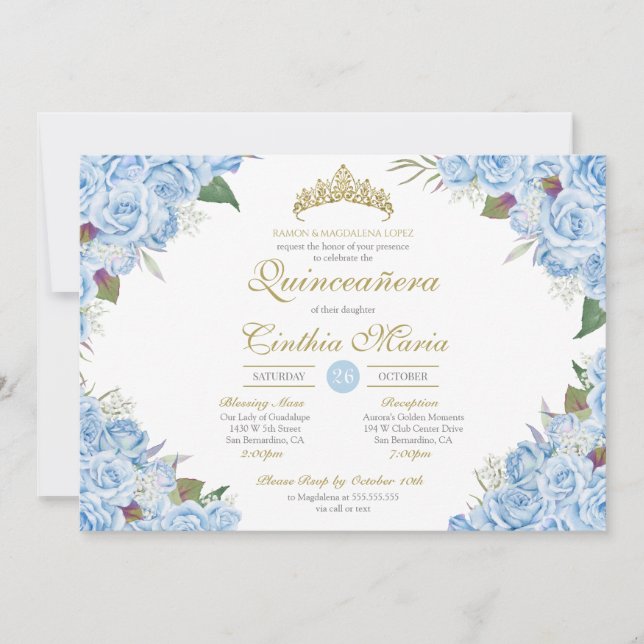 Light Blue Floral Rose Cinderella Quinceanera Invitation (Front)