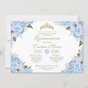 Light Blue Floral Rose Cinderella Quinceanera Invitation