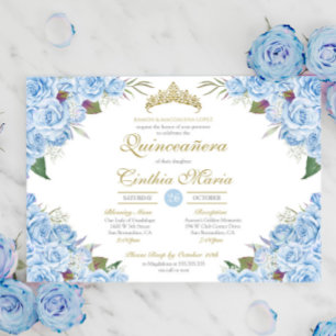 Light Blue Floral Rose Cinderella Quinceanera Invitation