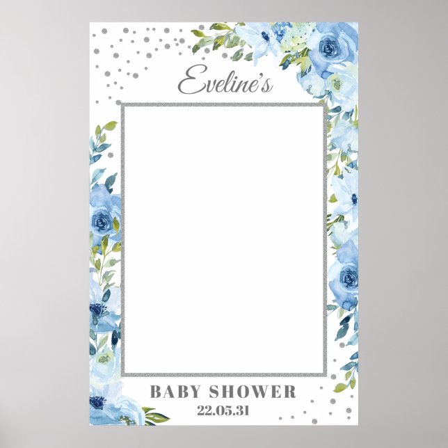 Light blue floral silver baby shower photo prop poster (Front)