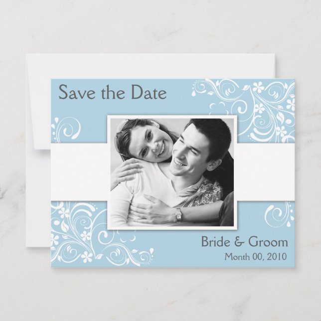Light Blue Floral Swirl Save the Date Photo Cards (Front)