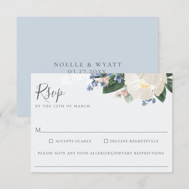 Light Blue Floral Wedding Food Allergy RSVP Card (Front/Back)