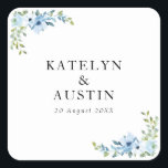 light blue floral wedding square sticker<br><div class="desc">watercolor light blue flowers wedding sticker. The text details and colours can be edited.</div>