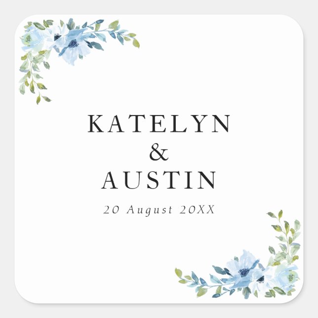 light blue floral wedding square sticker (Front)