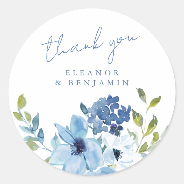 Light Blue Floral Wedding Thank You Custom Classic Round Sticker (Front)
