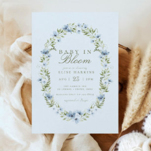 Light Blue Floral Wreath Baby in Bloom Baby Shower Invitation