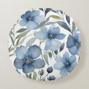 Light Blue Flower Floral Design Watercolors Round Cushion