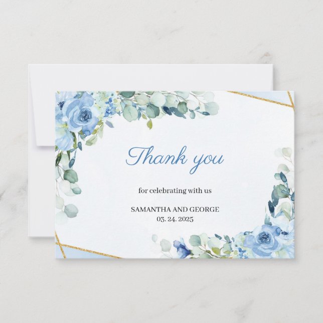 Light Blue Flowers Faux Gold Geometric Wedding Thank You Card (Front)