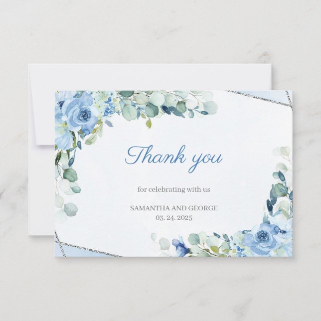 Light Blue Flowers Faux Silver Geometric Wedding Thank You Card (Front)