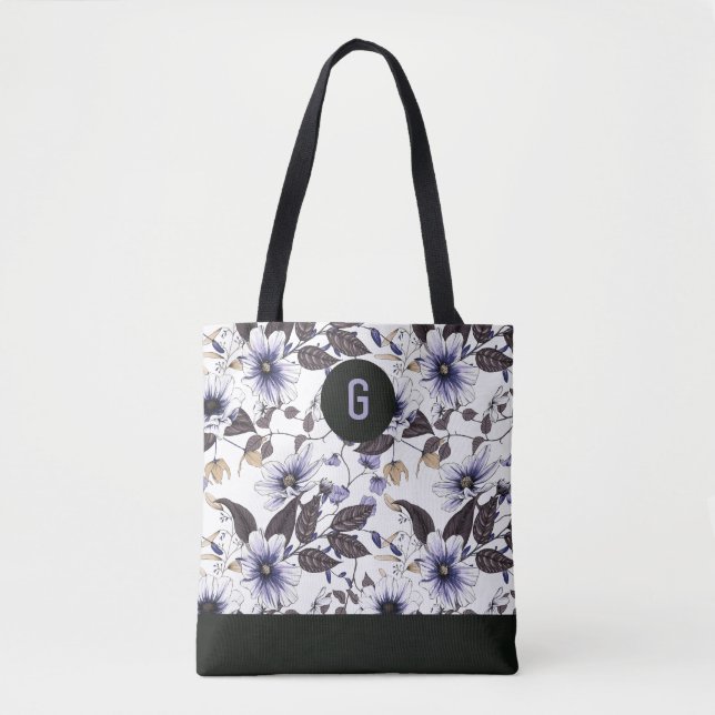 Light blue flowers green leaves custom monogram tote bag (Front)