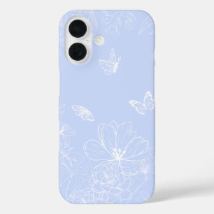 Light Blue Flowers Pattern, Floral, Minimalist iPhone 16 Case
