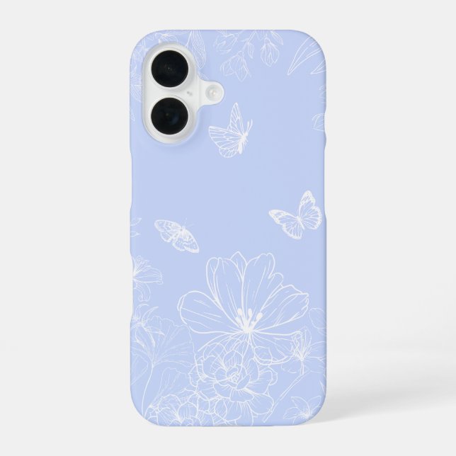 Light Blue Flowers Pattern, Floral, Minimalist iPhone 16 Case (Back)