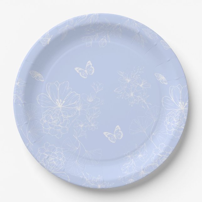 Light Blue Flowers Pattern, Floral, Minimalist Paper Plate (Front)
