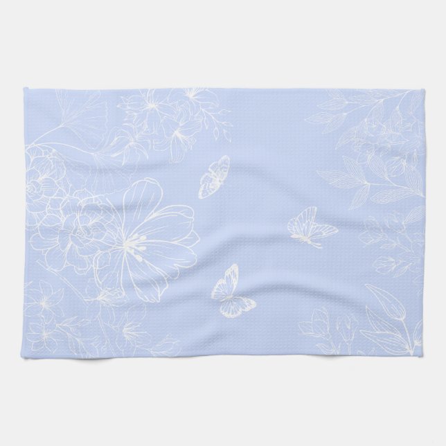 Light Blue Flowers Pattern, Floral, Minimalist Tea Towel (Horizontal)