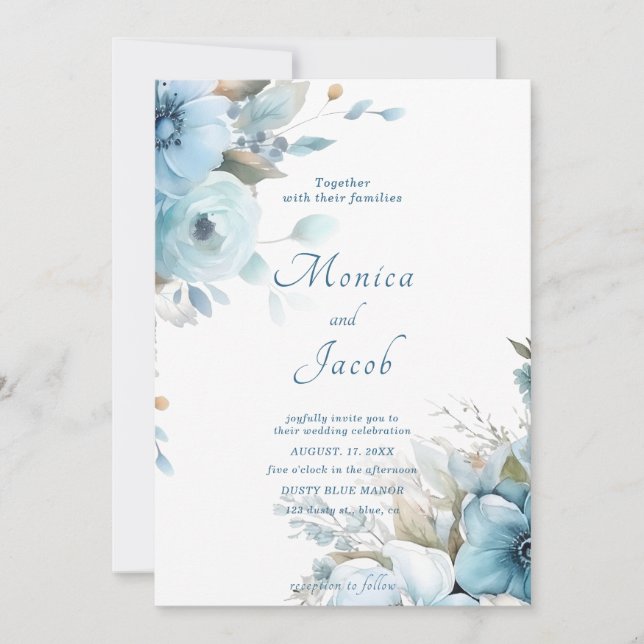 Light Blue Flowers Wedding Invitation (Front)