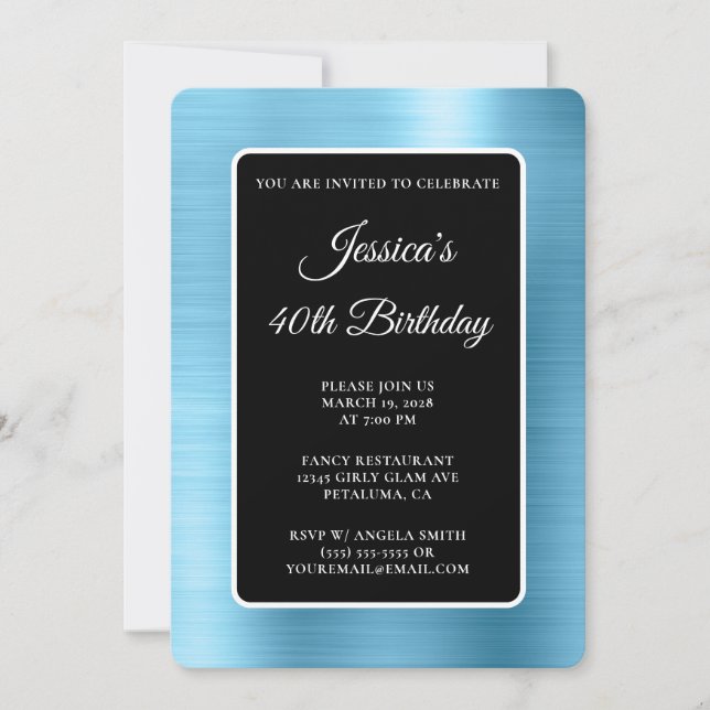 Light Blue Foil Black and White 40th Birthday Invitation (Front)
