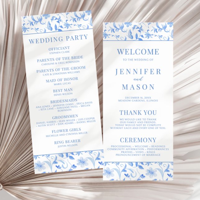Light blue folk floral wedding program card (Creator Uploaded)