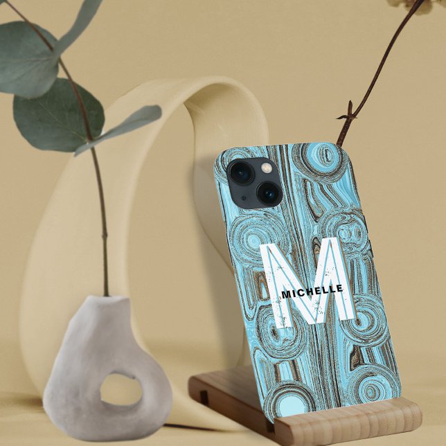 Light Blue Funky Retro Gold Glitter Monogram Cute Case-Mate iPhone Case (Creator Uploaded)