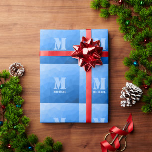 Light blue geometric mesh pattern Monogram Wrapping Paper