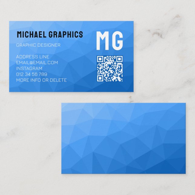 Light blue geometric mesh pattern QR code Monogram Business Card (Front/Back)