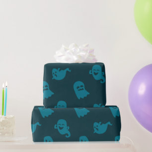 Light Blue Ghosts Dark Blue Halloween Wrapping Paper