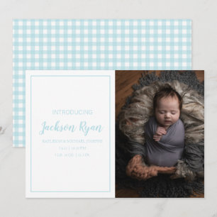 Light Blue Gingham Check Pattern Photo Birth Announcement
