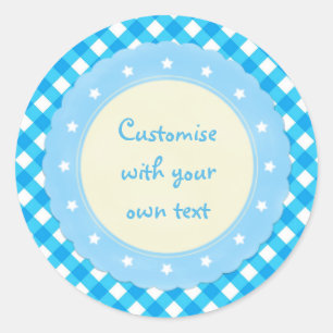 Light Blue Gingham Fancy Custom Text Classic Round Sticker
