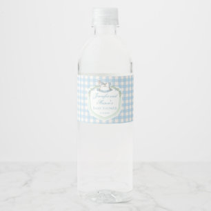 Light blue gingham horse crest baby boy shower water bottle label
