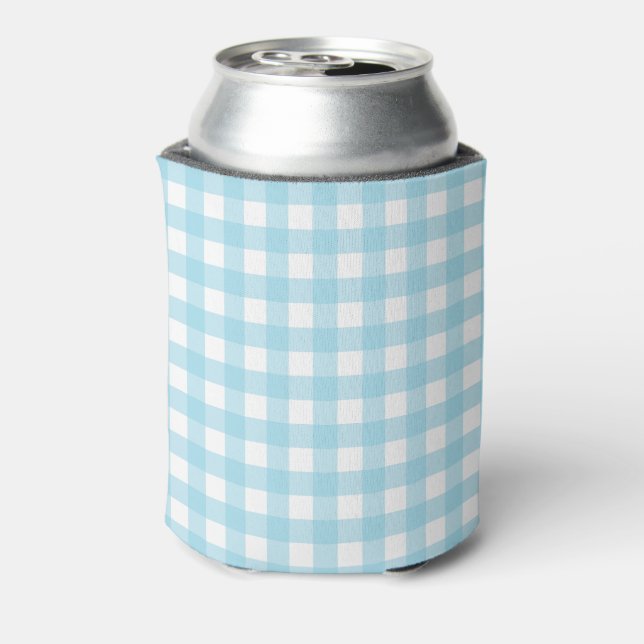 Light Blue Gingham Pastel Pattern Can Cooler (Can Back)