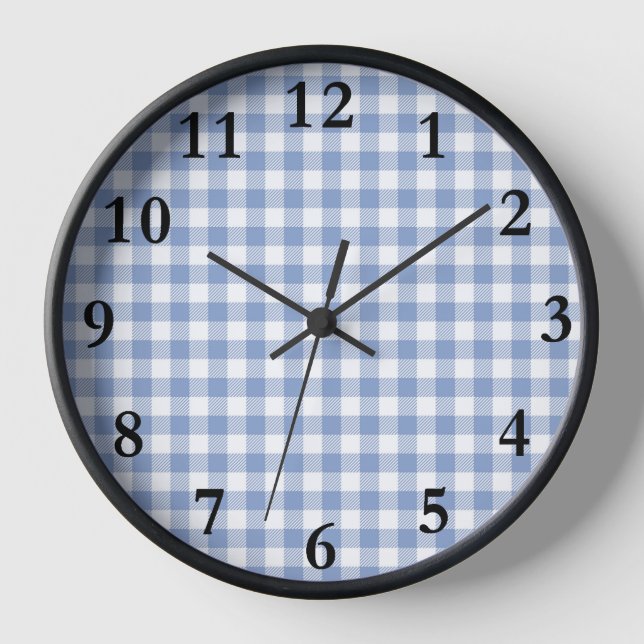 Light Blue Gingham Pattern Classic Chequered Print Clock (Front)