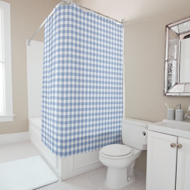 Light Blue Gingham Pattern Classic Chequered Print Shower Curtain (In Situ)