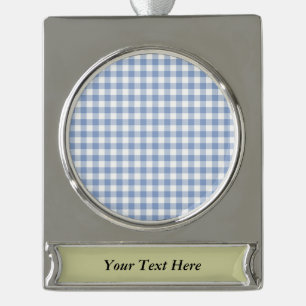Light Blue Gingham Pattern Classic Chequered Print Silver Plated Banner Ornament