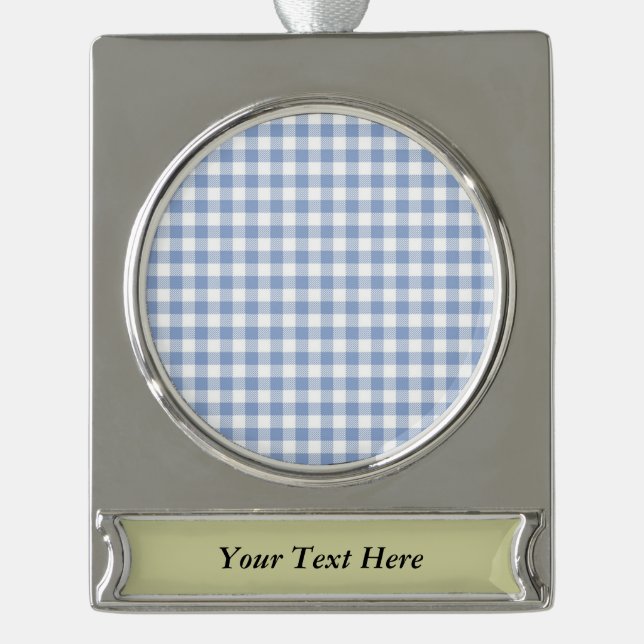 Light Blue Gingham Pattern Classic Chequered Print Silver Plated Banner Ornament (Front)