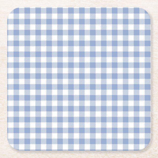 Light Blue Gingham Pattern Classic Chequered Print Square Paper Coaster (Front)