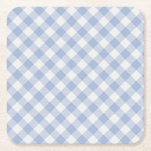 Light Blue Gingham Pattern Classic Chequered Print Square Paper Coaster