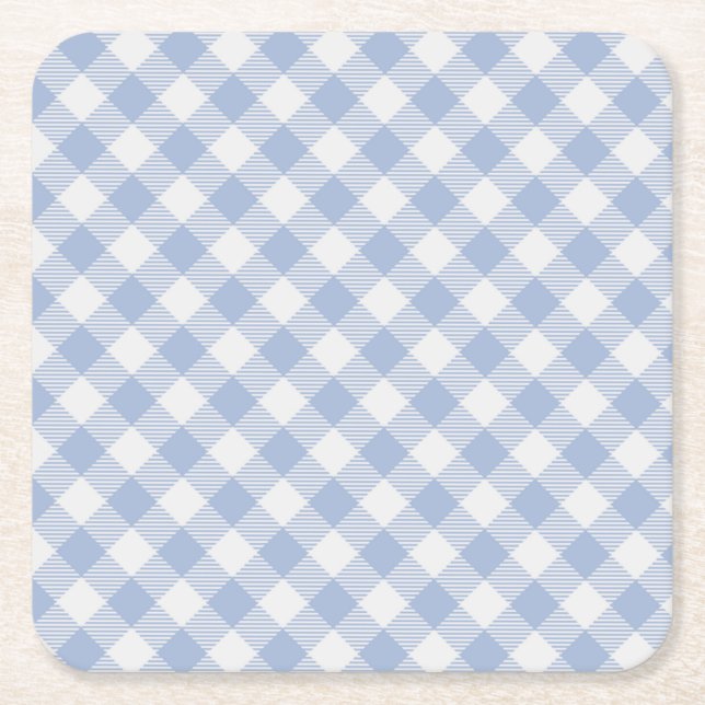 Light Blue Gingham Pattern Classic Chequered Print Square Paper Coaster (Front)