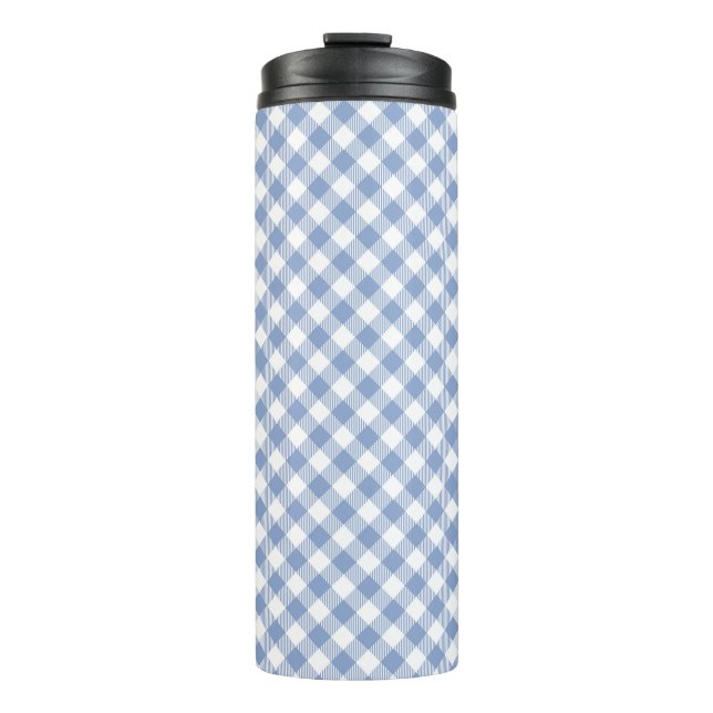 Light Blue Gingham Pattern Classic Chequered Print Thermal Tumbler (Front)