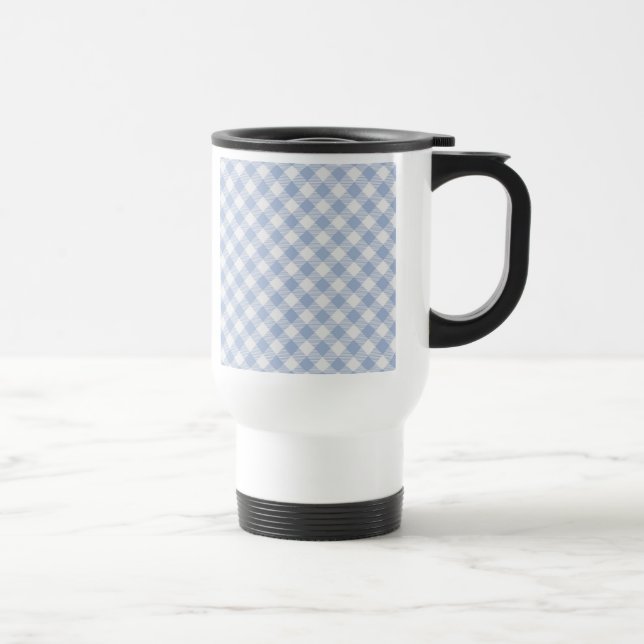 Light Blue Gingham Pattern Classic Chequered Print Travel Mug (Right)