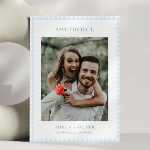 Light Blue Gingham Plaid Cute Summer Wedding Save The Date