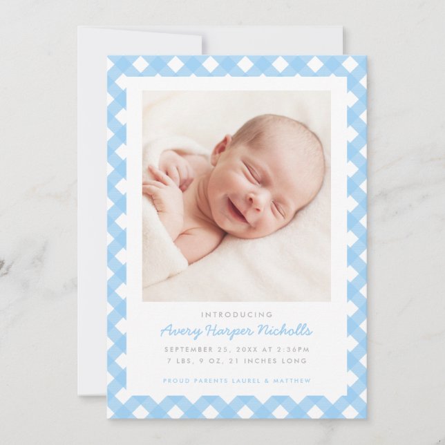 Light Blue Gingham Single Photo Birth Announcement (Front)