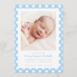 Light Blue Gingham Single Photo Birth Announcement