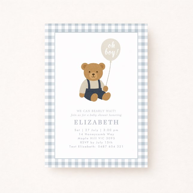 Light Blue Gingham Teddy Bear Baby Shower  Invitation (Creator Uploaded)